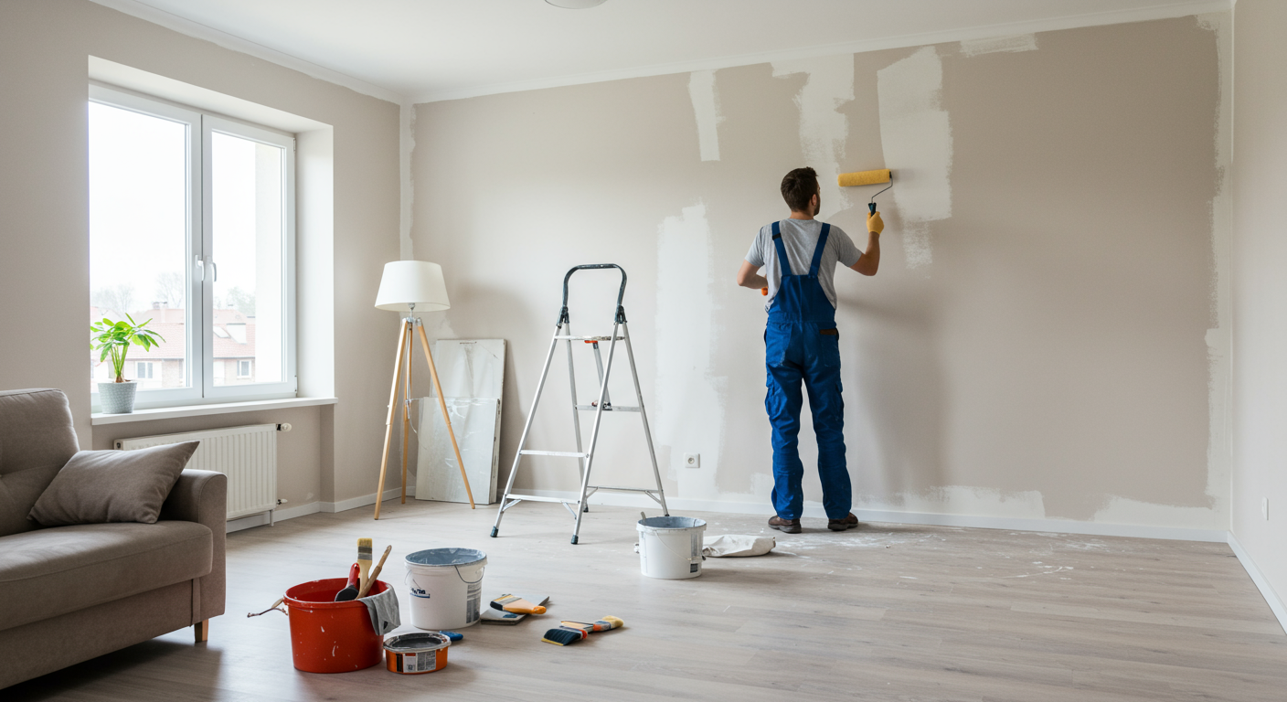 A professional painter in action, carefully painting a wall in a well-lit living room. The painter is using a roller, and there are paint cans and brushes neatly arranged nearby. The room is partially painted, showcasing a before-and-after effect.