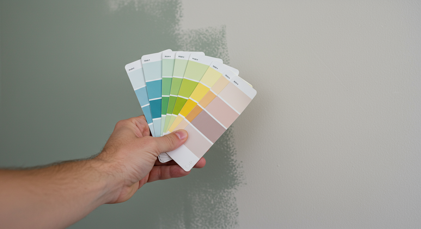 A close-up of a painter's hand holding paint swatches against a freshly painted wall. The image captures the essence of color selection and the artistry involved in residential painting.