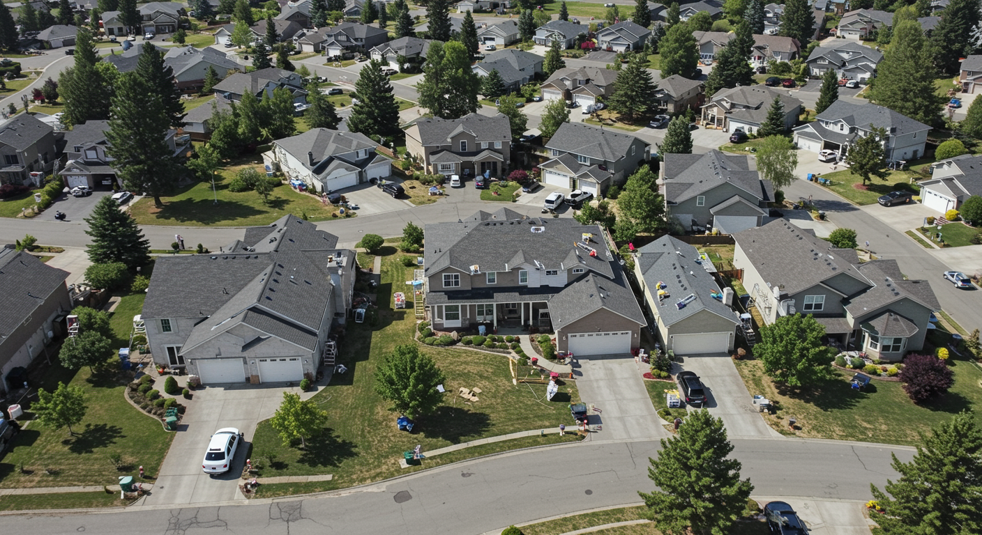 An aerial view of a residential neighborhood in Richland, WA, with several painters working on different homes. This image captures the scale of painting jobs available in the area and the bustling activity of the painting industry.