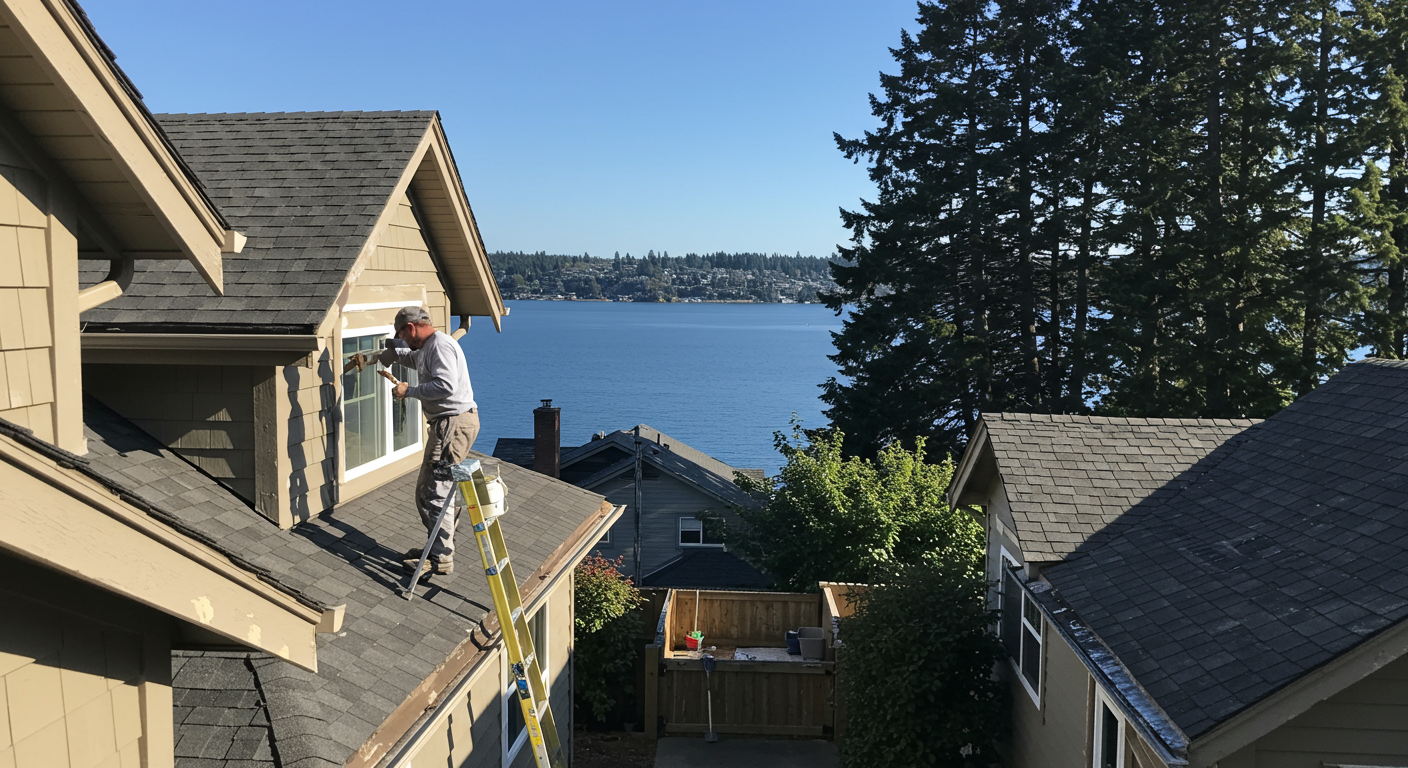 A vibrant image showcasing a local house painter applying fresh paint to a charming Kirkland home, with the iconic Lake Washington in the background. The painter is focused on their work, demonstrating professionalism and attention to detail.