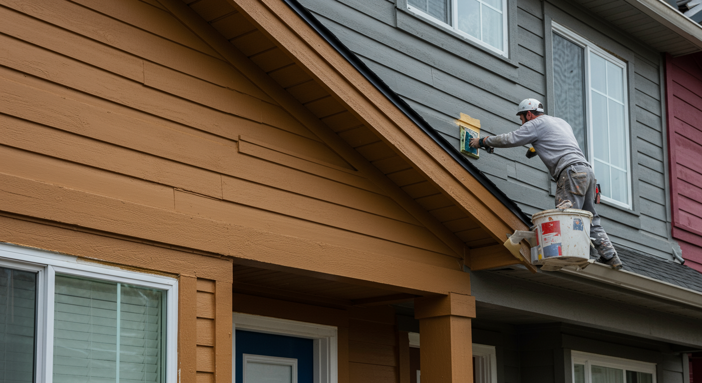A close-up of a painter applying a fresh coat of paint to the exterior of a townhouse in Federal Way, showcasing vibrant colors and a well-maintained facade.